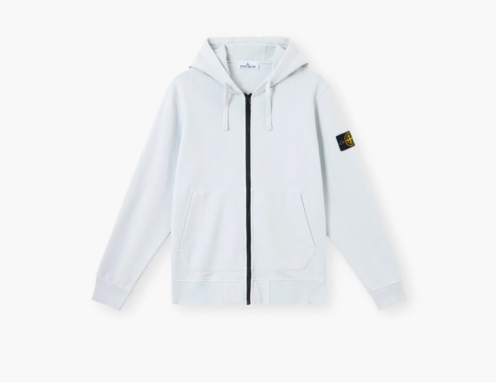 Stone Island Organic Cotton Fleece Hooded Sweatshirt with Drawstring Hood and Zip Sky Blue 