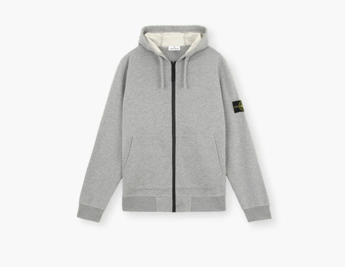 Stone Island Organic Cotton Fleece Hooded Sweatshirt with Drawstring Hood and Zip Dust Grey Melange 