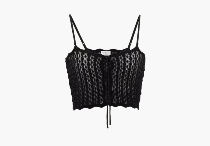 Saint Laurent Crop Top In Pointelle Knit Noir  Saint Laurent Crop Top In Pointelle Knit Noir
