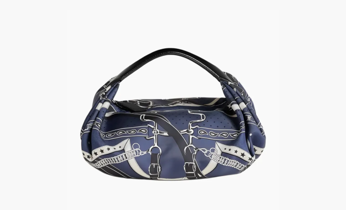 Hermes Silk With Hunter Cow Leather Lunch Bag Handbag Indigo & Black 