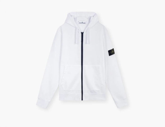Stone Island Organic Cotton Fleece Hooded Sweatshirt with Drawstring Hood and Zip White 