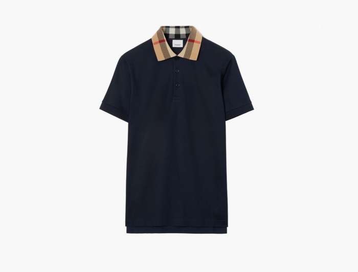 Burberry Check Collar Cotton Polo Shirt  "Smoked navy" 