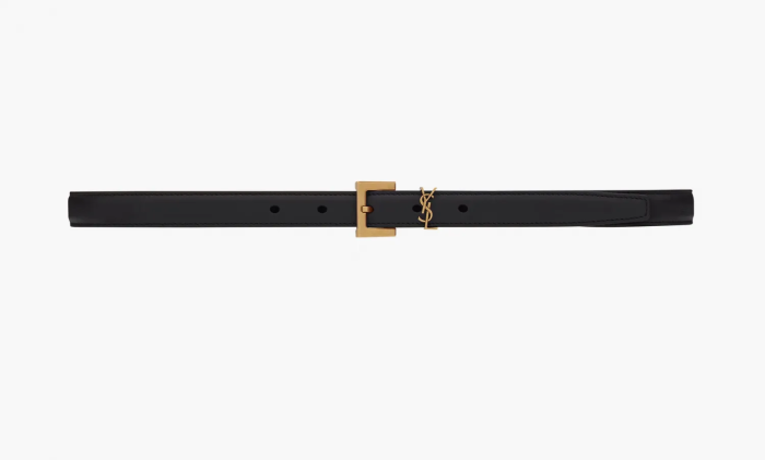 Saint Laurent Cassandre Thin Leather Belt With Square Buckle Black 