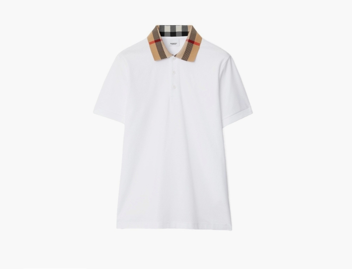 Burberry Check Collar Cotton Polo Shirt  "White" 