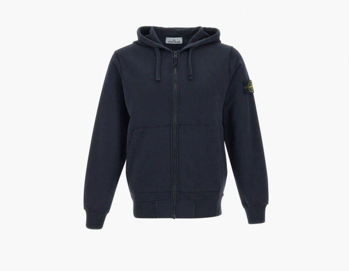 Stone Island Organic Cotton Fleece Hooded Sweatshirt with Drawstring Hood and Zip Navy Blue  Stone Island Organic Cotton Fleece Hooded Sweatshirt with Drawstring Hood and Zip Navy Blue