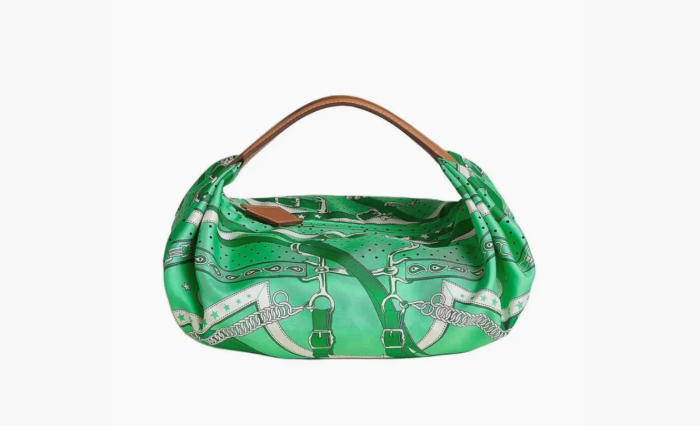 Hermes Balusoie Silk With Hunter Cow Leather Handbag Green 