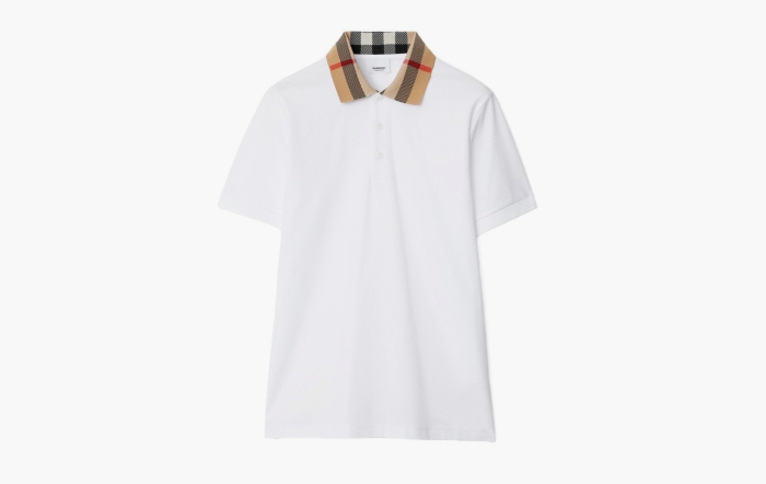 Burberry Check Collar Cotton Polo Shirt  "White" 