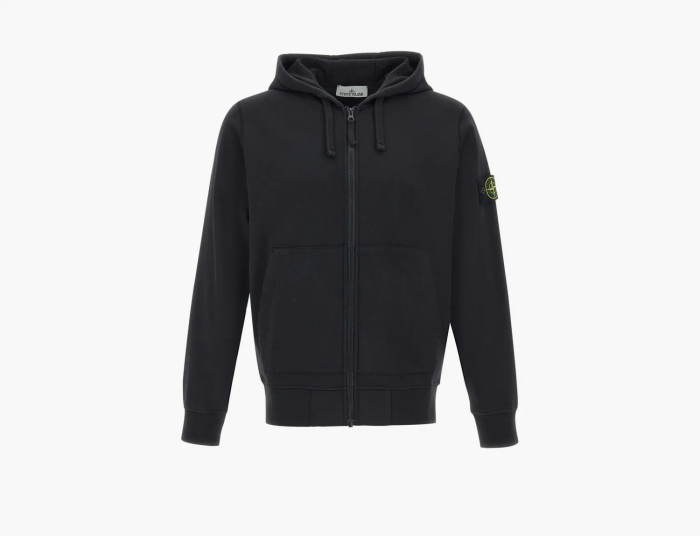 Stone Island Organic Cotton Fleece Hooded Sweatshirt with Drawstring Hood and Zip Black 