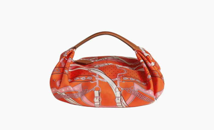 Hermes Balusoie Silk With Hunter Cow Leather Handbag "Orange" 