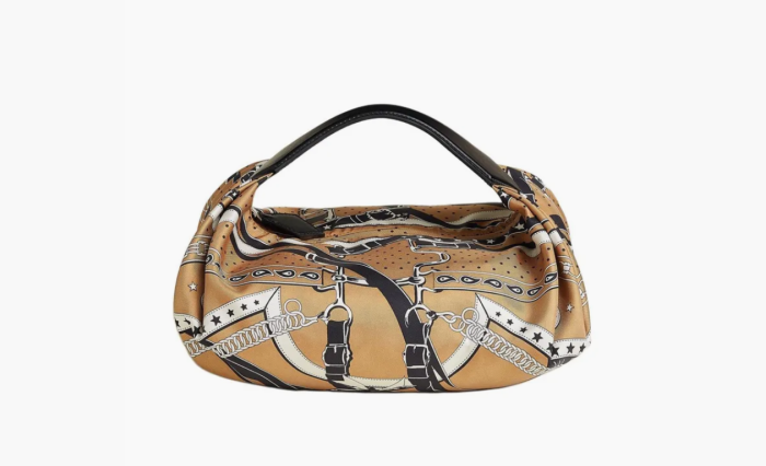 Hermes Balusoie Silk With Hunter Cow Leather Handbag "Cookie & Black" 