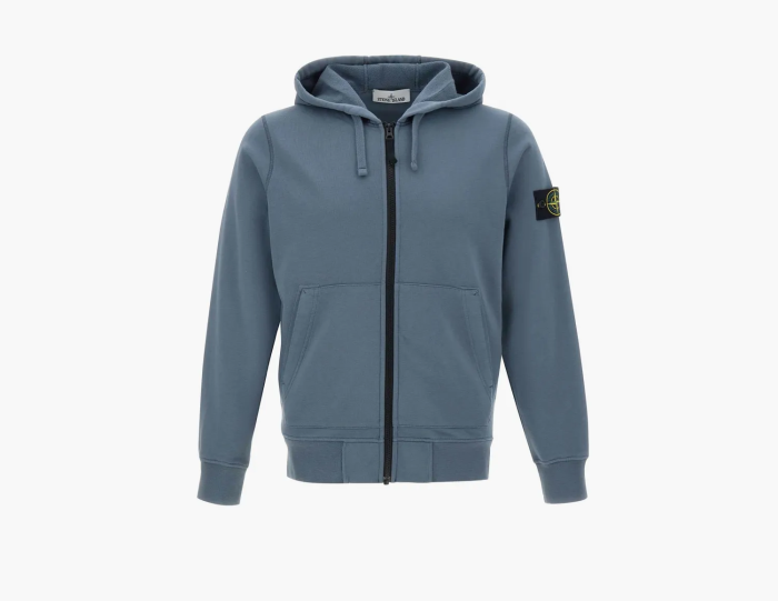 Stone Island Organic Cotton Fleece Hooded Sweatshirt with Drawstring Hood and Zip Avio Blue  Stone Island Organic Cotton Fleece Hooded Sweatshirt with Drawstring Hood and Zip Avio Blue