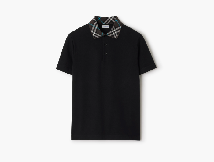Burberry Check Collar Cotton Polo Shirt  "Black" 
