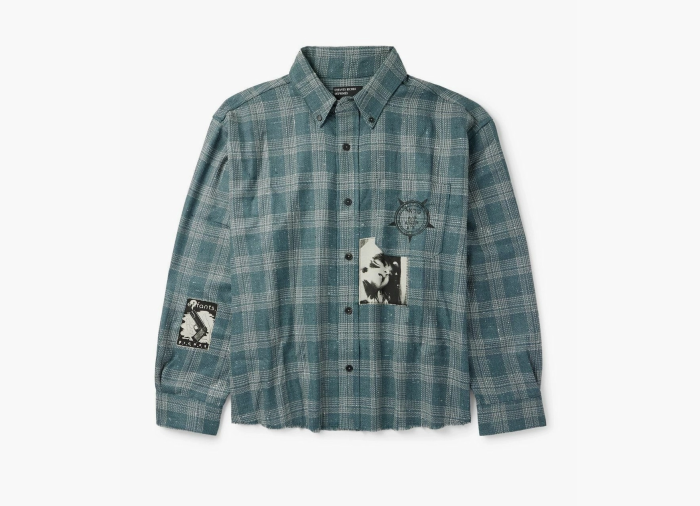 Enfants Riches Déprimés Button-Down Collar Frayed Appliquéd Printed Wool and Silk-Blend Flannel Shirt Blue  Enfants Riches Déprimés Button-Down Collar Frayed Appliquéd Printed Wool and Silk-Blend Flannel Shirt Blue