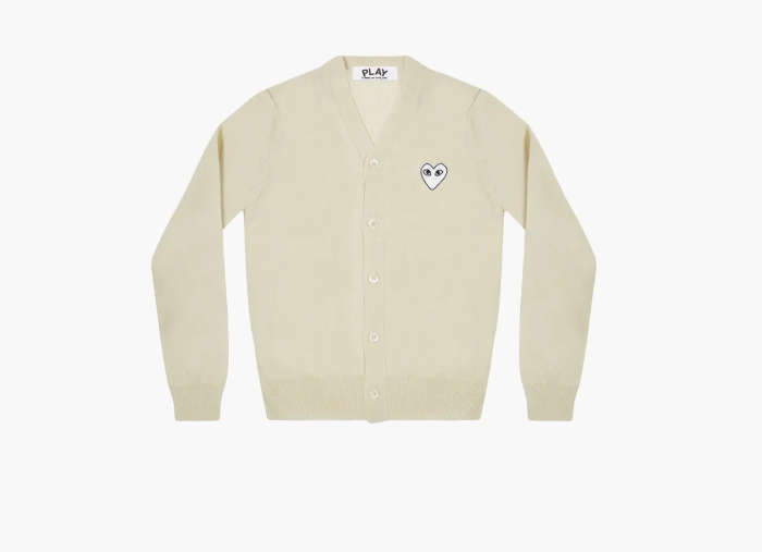 Comme des Garcons PLAY White Heart Knit Cardigan Sweater Natural  Comme des Garcons PLAY White Heart Knit Cardigan Sweater Natural