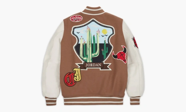 Travis Scott X Jordan Varsity Jacket Antique Brown  Travis Scott X Jordan Varsity Jacket Antique Brown