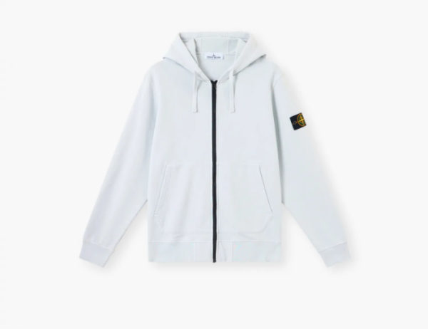 Stone Island Organic Cotton Fleece Hooded Sweatshirt with Drawstring Hood and Zip Sky Blue  Stone Island Organic Cotton Fleece Hooded Sweatshirt with Drawstring Hood and Zip Sky Blue
