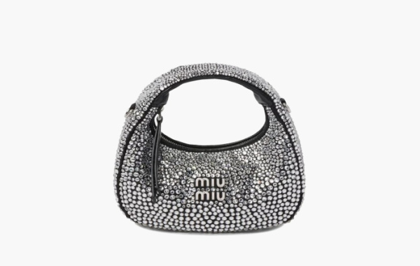 Miu Miu Wander Satin and Silk Mini Hobo Bag with Syntentic Crystals Black 