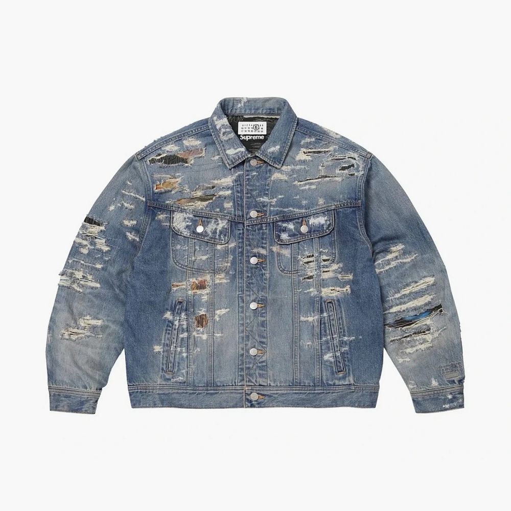 Supreme x MM6 Maison Margiela Distressed Selvedge Denim Trucker Jacket Washed Indigo