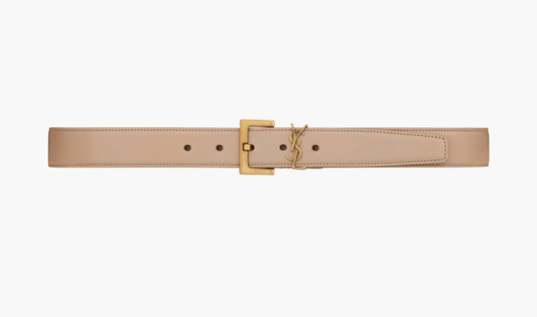 Saint Laurent Cassandre Shiny Leather Belt With Square Buckle Dark Beige 