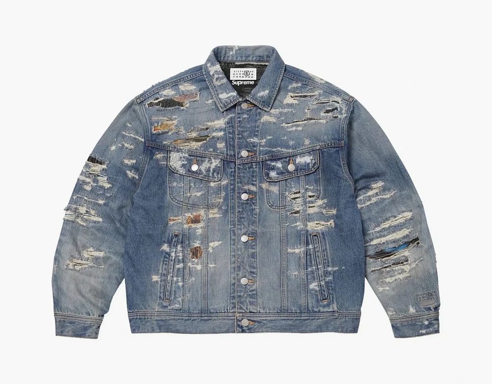 Supreme x MM6 Maison Margiela Distressed Selvedge Denim Trucker Jacket Washed Indigo