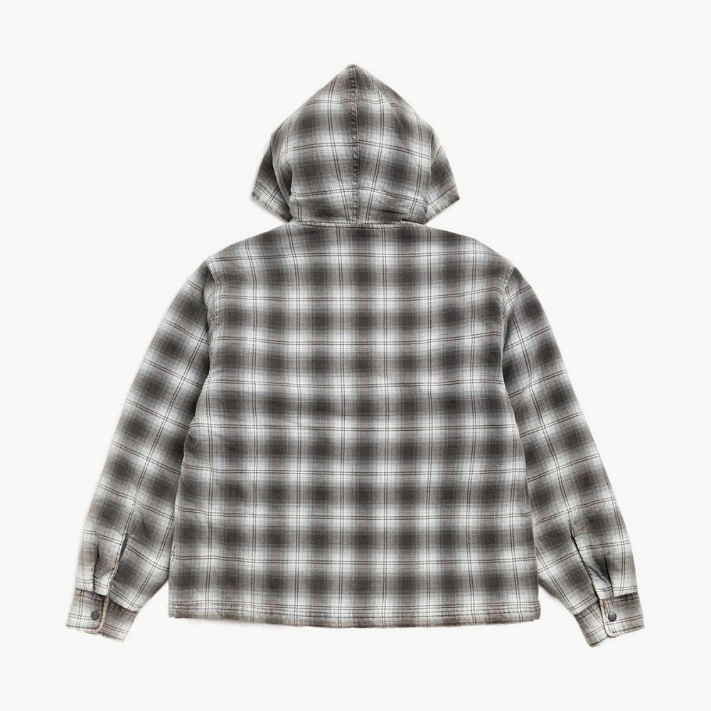 Stussy Zip Hooded Plaid Shirt Charcoal