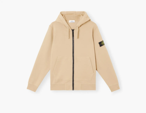 Stone Island Organic Cotton Fleece Hooded Sweatshirt with Drawstring Hood and Zip Desert  Stone Island Organic Cotton Fleece Hooded Sweatshirt with Drawstring Hood and Zip Desert