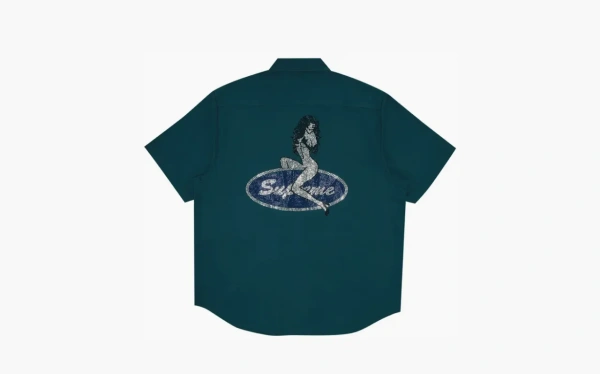 Supreme Rhinestone Pin Up Short-Sleeve Work Shirt Work Green 