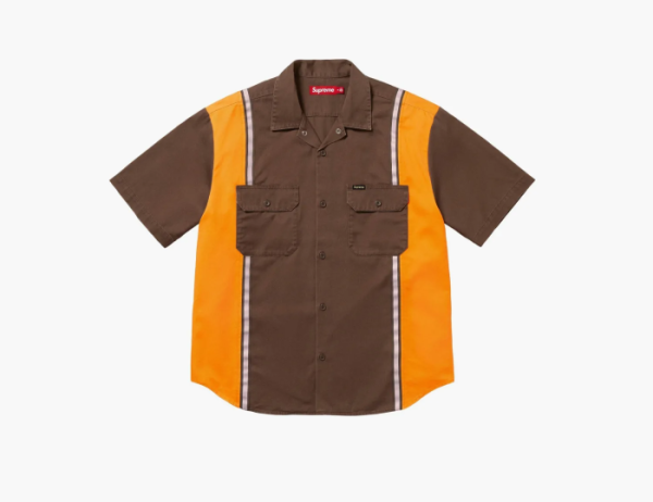 Supreme Reflective Stripe Short-Sleeve Work Shirt Brown 