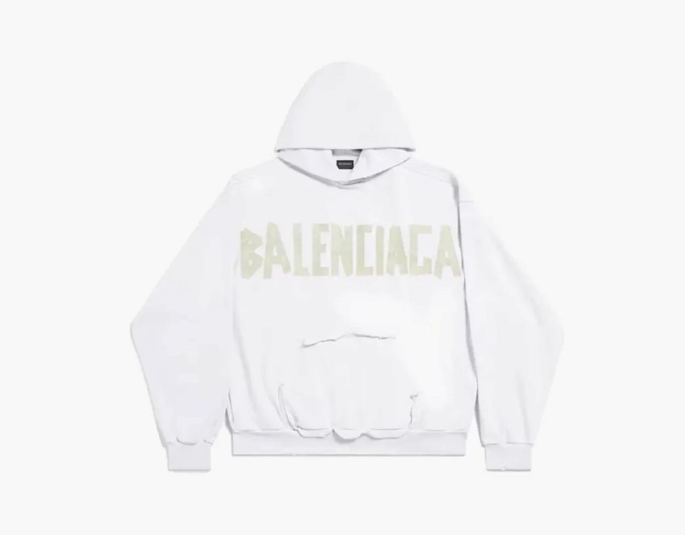 Balenciaga Tape Type Ripped Pocket Hoodie Large Fit White