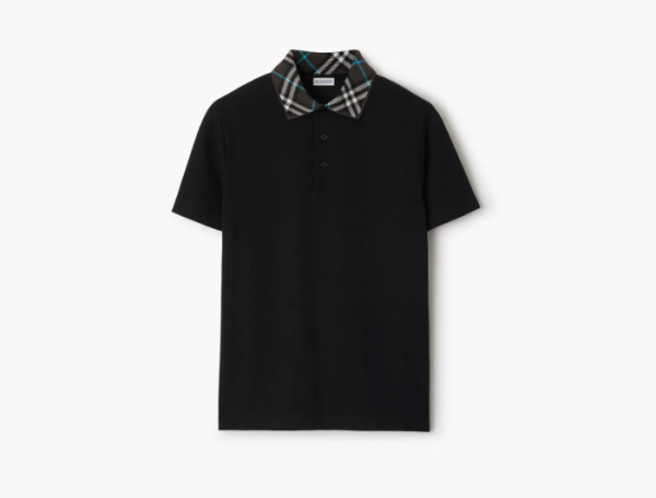 Burberry Check Collar Cotton Polo Shirt  Black 