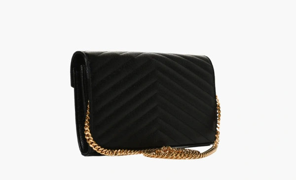 Saint Laurent Monogram Chain Wallet Matelasse Grain de Poudre Gold-tone Black 