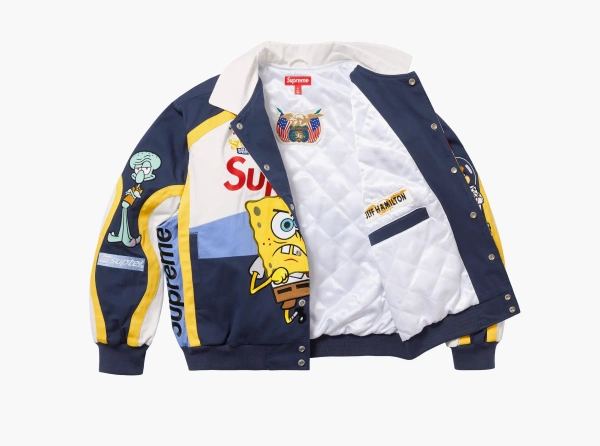 Supreme SpongeBob SquarePants Jeff Hamilton Racing Jacket  White  Supreme SpongeBob SquarePants Jeff Hamilton Racing Jacket  White