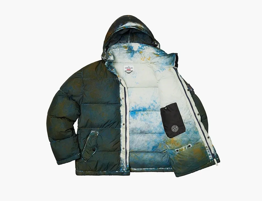 Supreme x Stone Island Painted Camo Crinkle Down Jacket Dark Teal