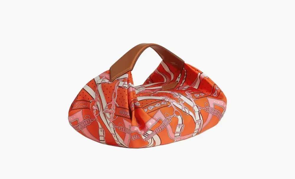 Hermes Balusoie Silk With Hunter Cow Leather Handbag Orange