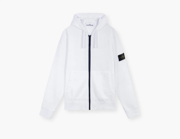 Stone Island Organic Cotton Fleece Hooded Sweatshirt with Drawstring Hood and Zip White  Stone Island Organic Cotton Fleece Hooded Sweatshirt with Drawstring Hood and Zip White