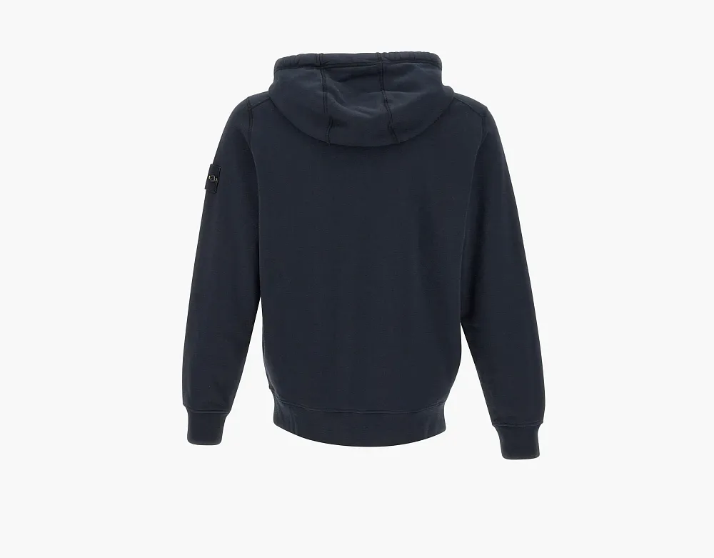 Stone Island Organic Cotton Fleece Hooded Sweatshirt with Drawstring Hood and Zip Navy Blue
