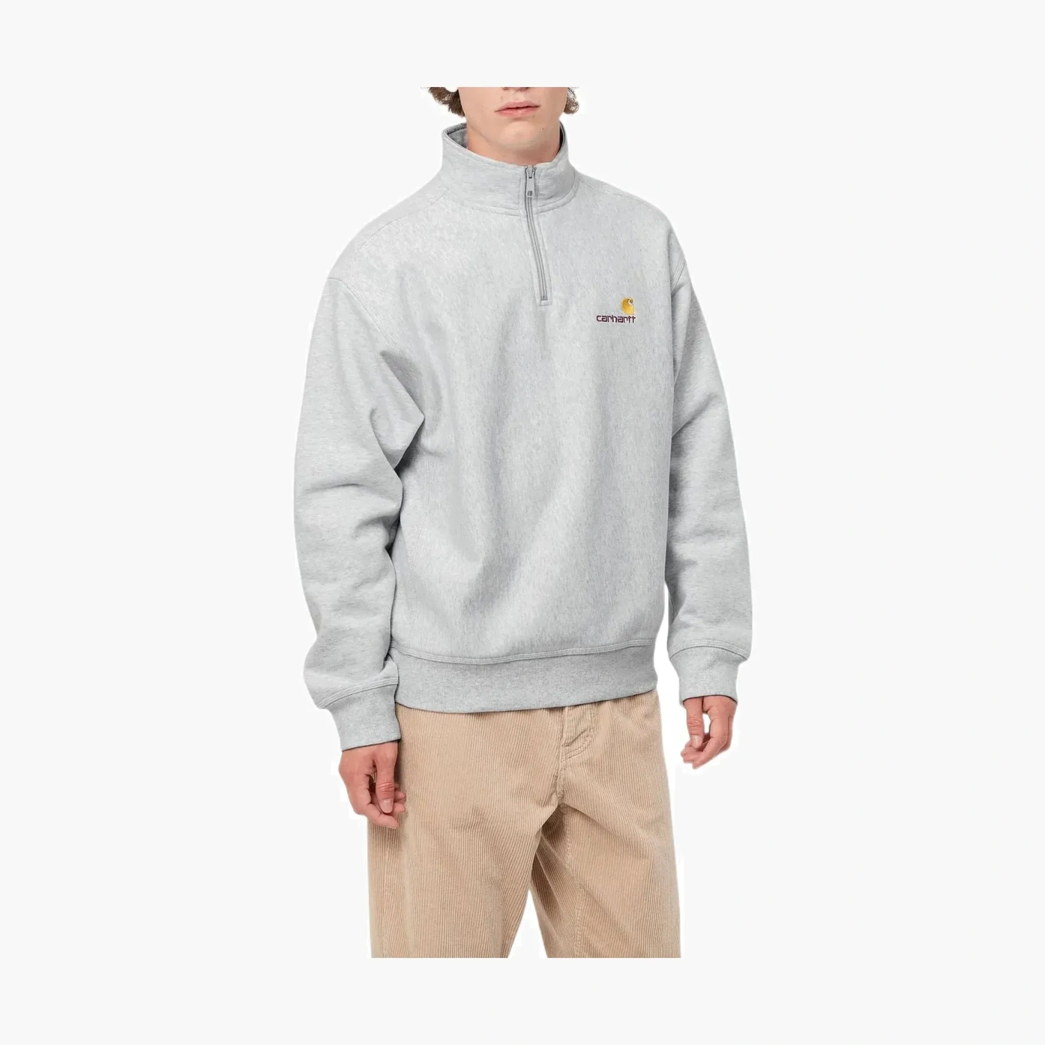 Carhartt WIP FW22 Half Zip American Script Sweatshirt - Ash Heather Logo 