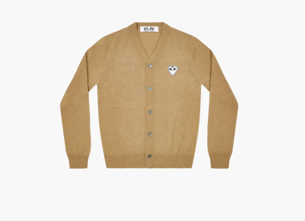 Comme des Garcons PLAY White Heart Knit Cardigan Sweater Camel 