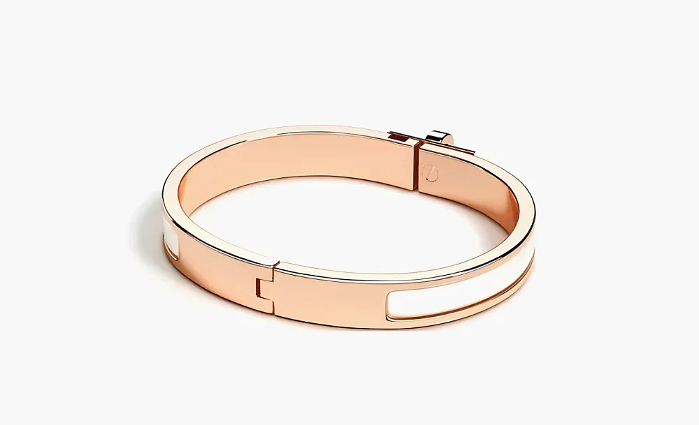 HERMES Enamel Rose Gold-Plated Metal Bangles White