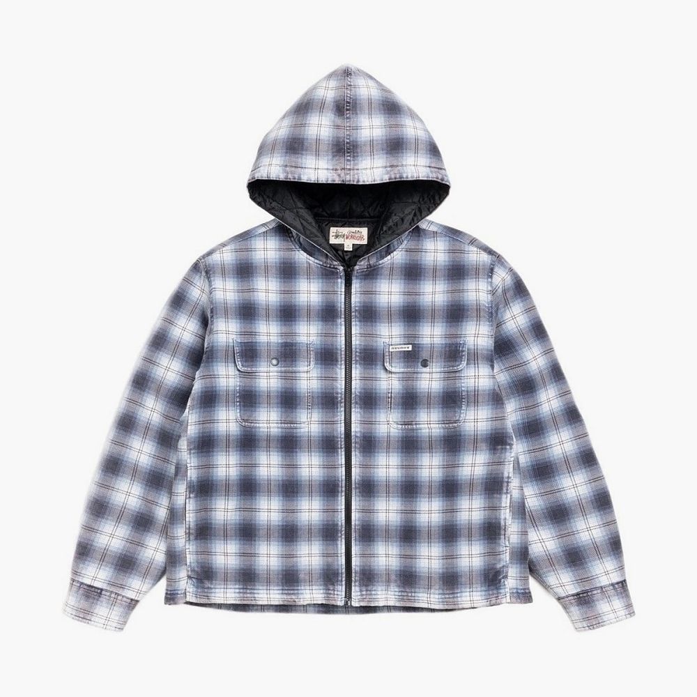 Stussy Zip Hooded Plaid Shirt Blue