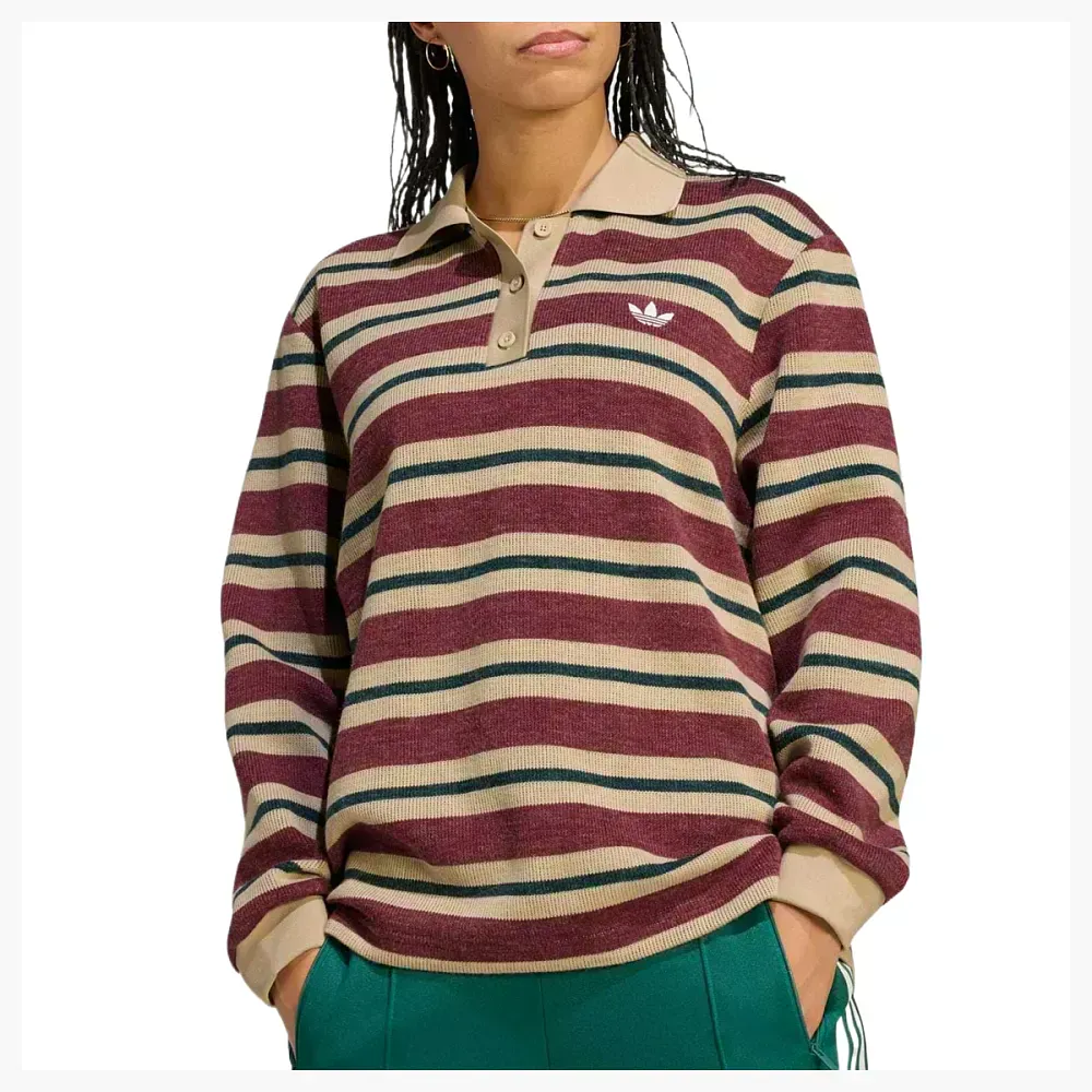Adidas Originals Striped Polo Long Sleeve Dark Shadow Red