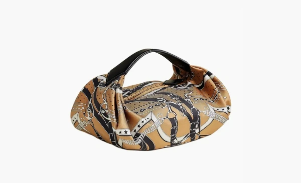 Hermes Balusoie Silk With Hunter Cow Leather Handbag Cookie & Black 