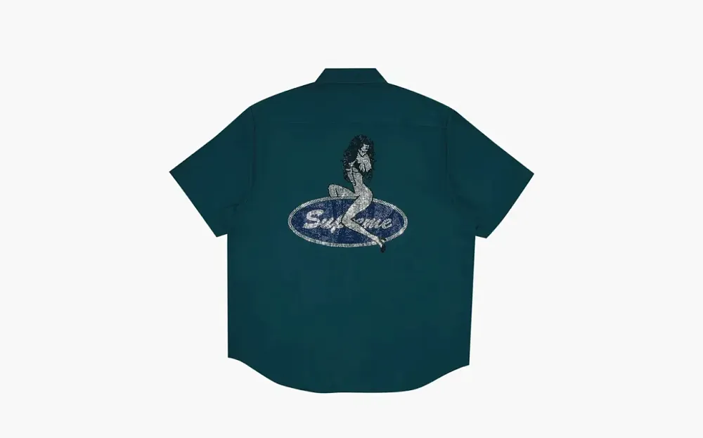 Supreme Rhinestone Pin Up Short-Sleeve Work Shirt Work Green