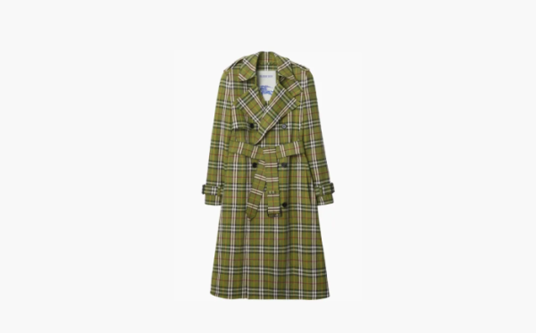 Burberry Long Plaid Trench Coat Olive Green 