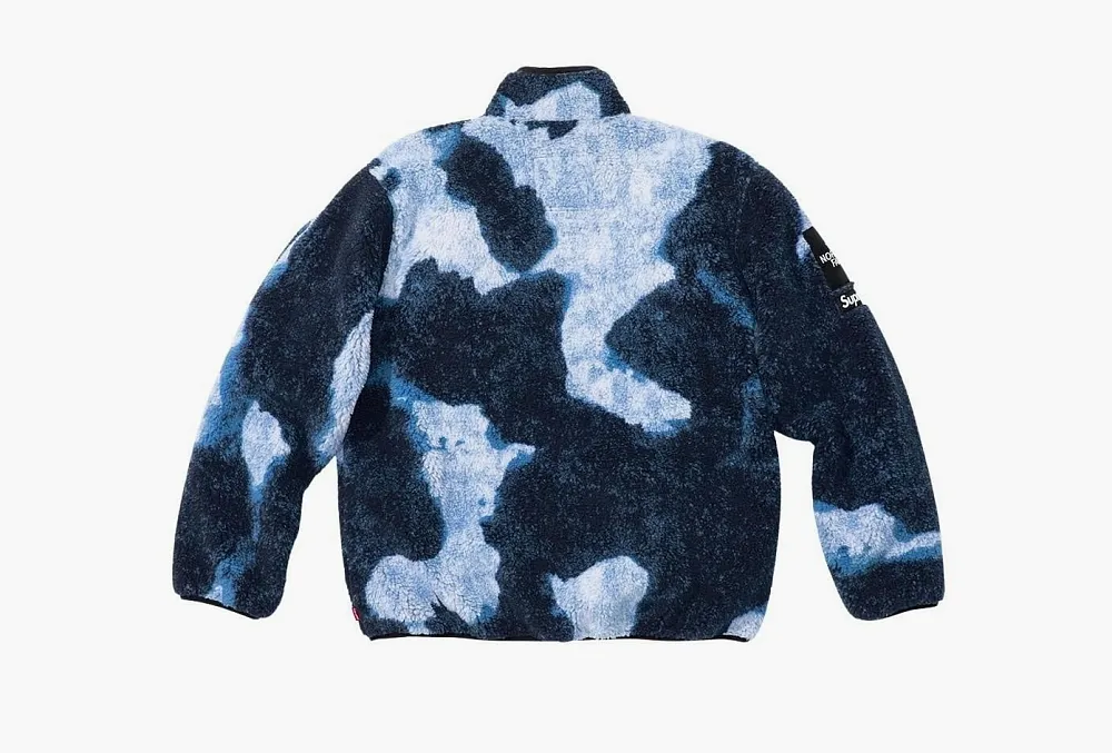 Supreme x The North Face Bleached Denim Print Fleece Jacket Indigo