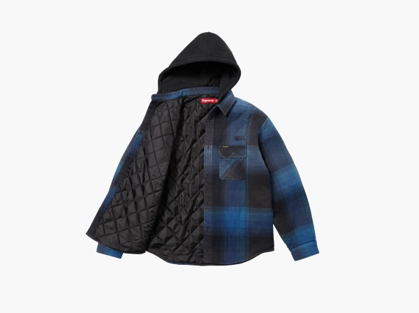 Supreme Quilted Lined Hooded Flannel Shirt Blue Plaid  Supreme Quilted Lined Hooded Flannel Shirt Blue Plaid
