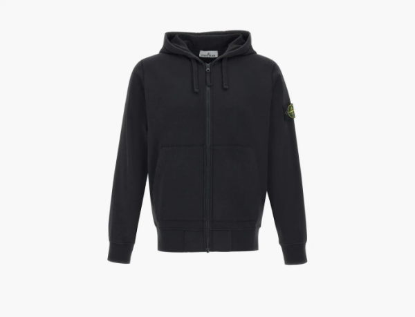 Stone Island Organic Cotton Fleece Hooded Sweatshirt with Drawstring Hood and Zip Black  Stone Island Organic Cotton Fleece Hooded Sweatshirt with Drawstring Hood and Zip Black