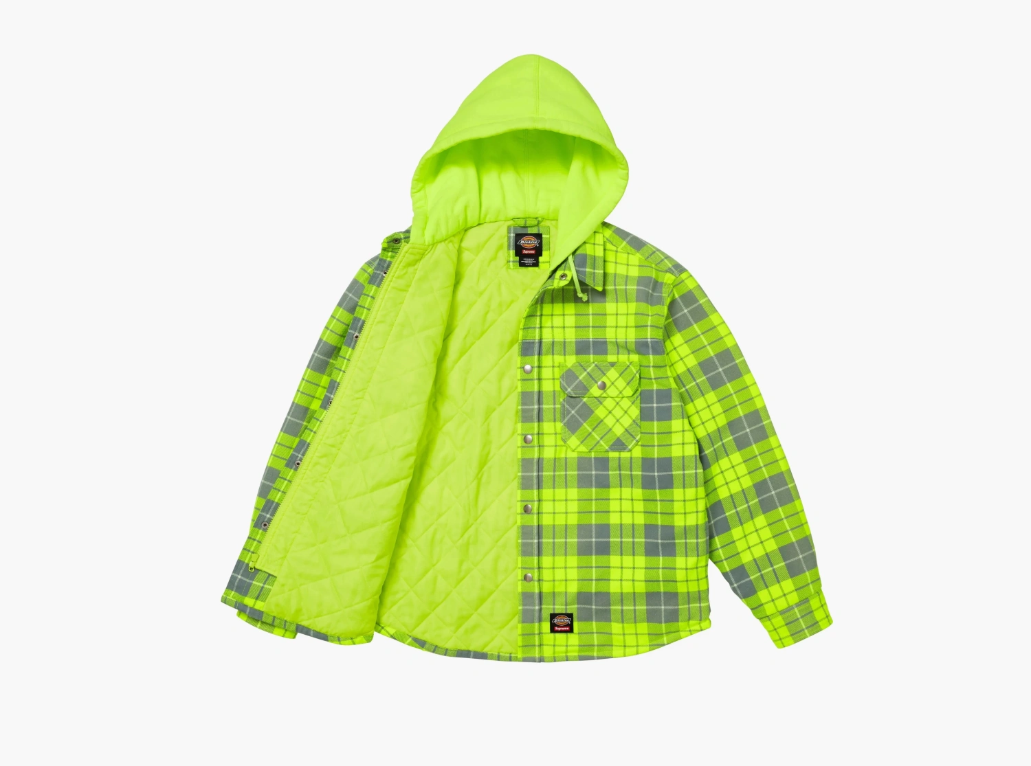 Supreme x Dickies Lined Zip Up Hooded Flannel Shirt Fluorescent Green 