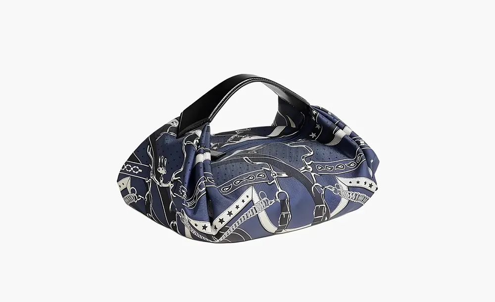 Hermes Silk With Hunter Cow Leather Lunch Bag Handbag Indigo & Black