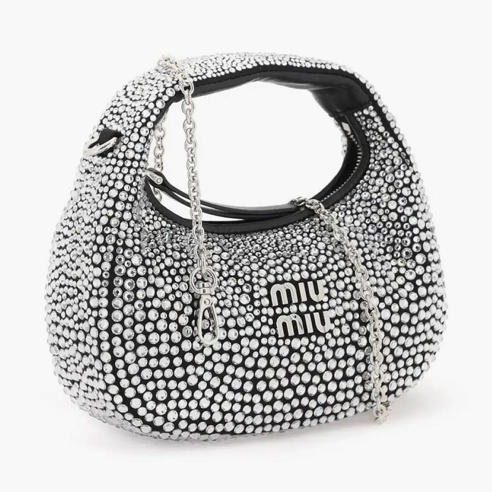 Miu Miu Wander Satin And Silk Mini Hobo Bag With Syntentic Crystals Black